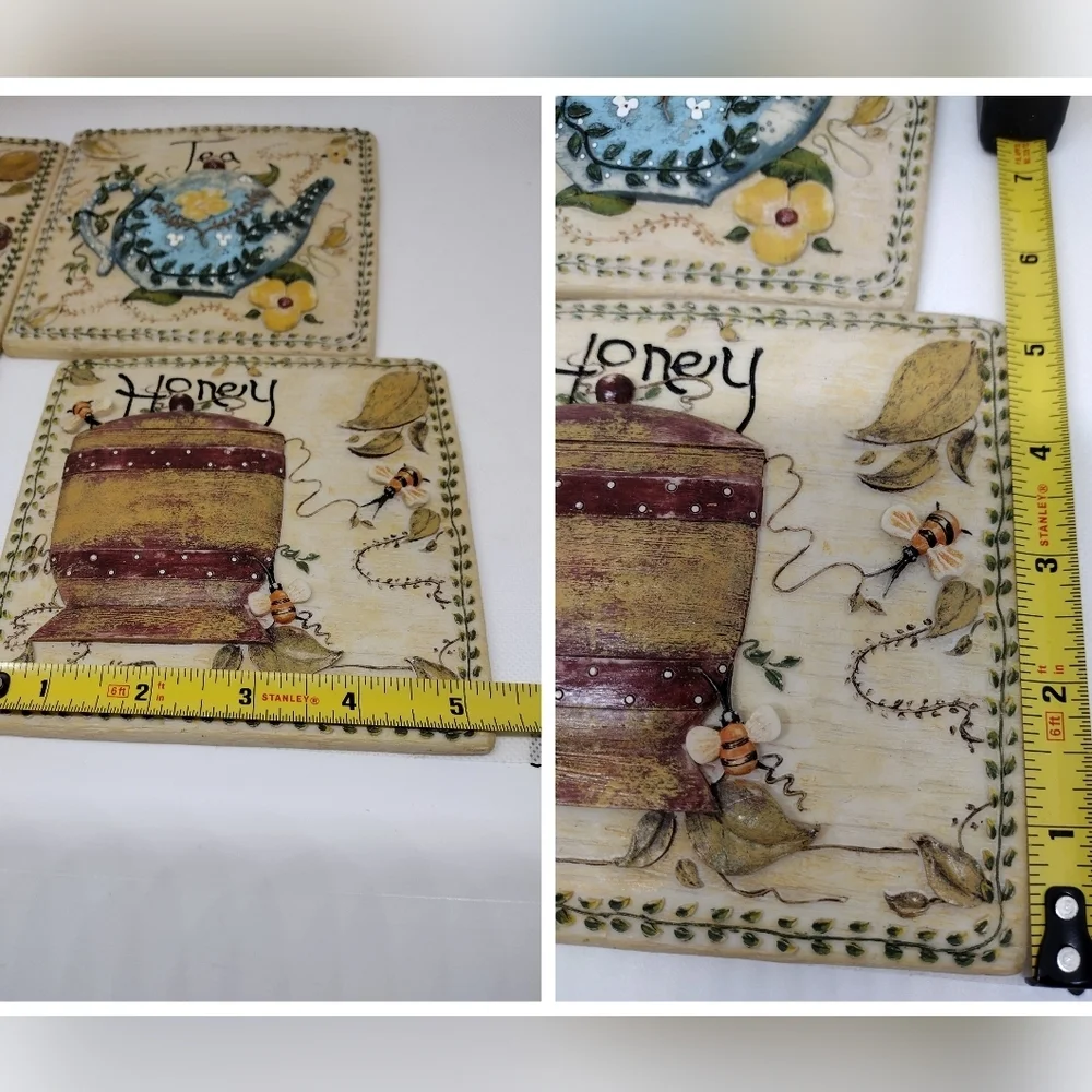 Set‎ of 4 Resin 3D Wall Decor Plaques Tea, Honey, Cookies, and Muffins